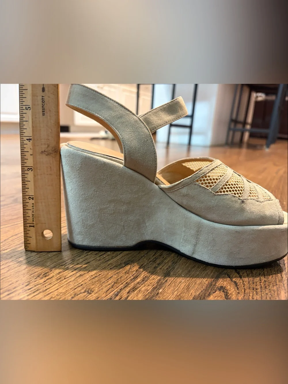 VARDA Size 6 1/2 Suede Laser-Cut Platform Sandals in Light Beige